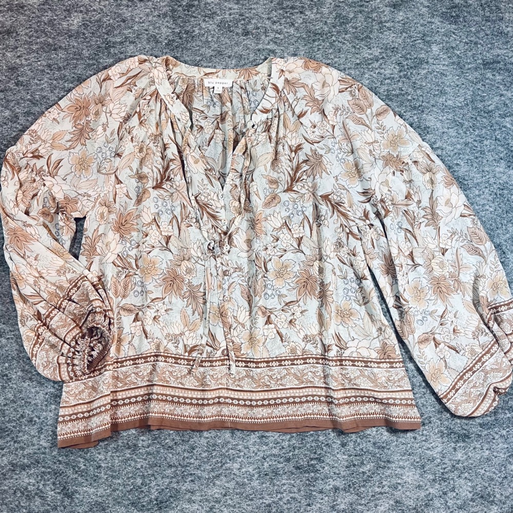 Blu Pepper Floral Peasant Blouse‎ Oversized Women S Brown Blue Boho Cottagecore
